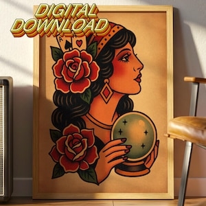 Framed Wall Art Vintage Fortune Teller American Traditional Tattoo Print