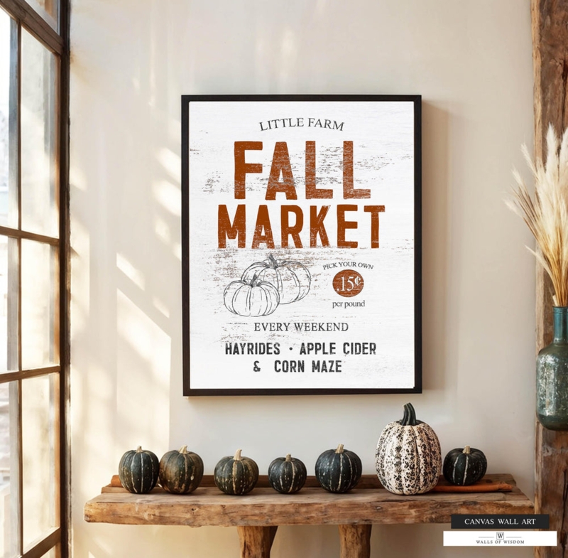 Framed Wall Art Vintage Market Poster with Weathered Texture and Pumpkins
