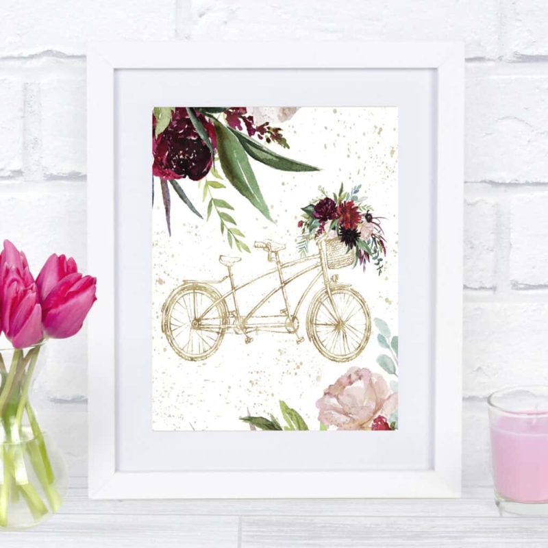 Framed Wall Art, Vintage Tandem Bicycle with Florals