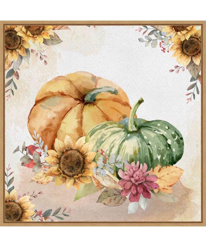 Framed Wall Art: Watercolor Pumpkins, Maple Frame, Rustic Farmhouse