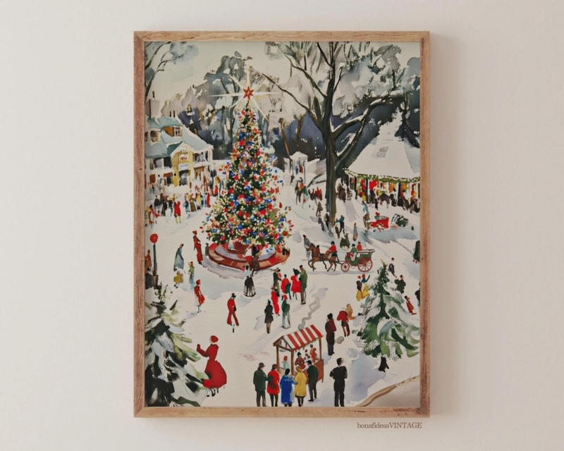 Framed Wall Art: Watercolor Style Winter Village Scene Print