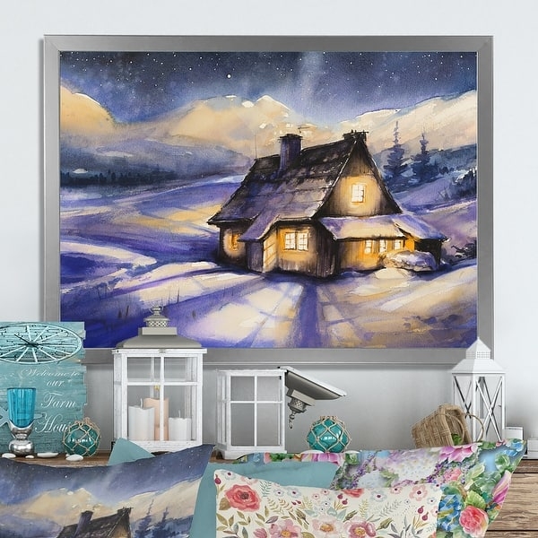 Framed Wall Art: Watercolor Winter Cabin, Glowing Windows, Silver Frame