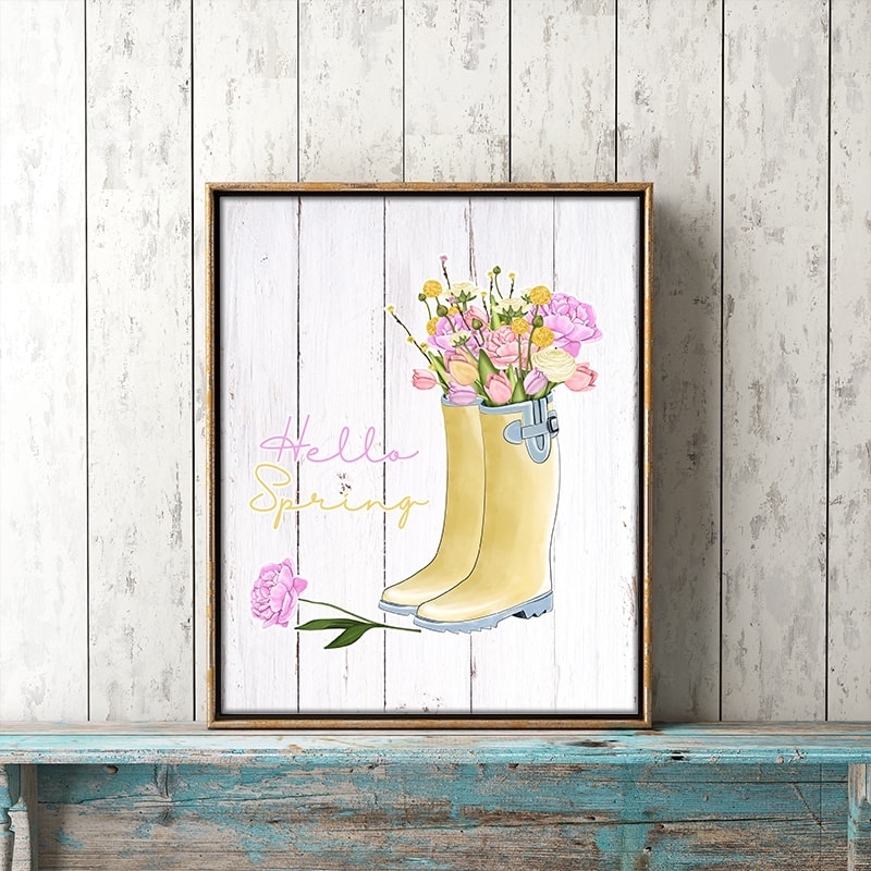 Framed Wall Art, Whimsical Rain Boot Floral Illustration