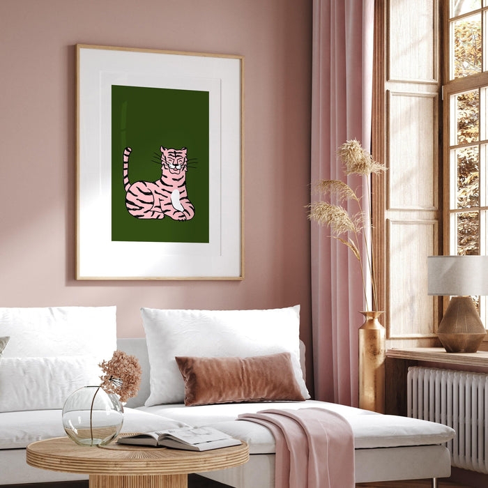Framed Wall Art Whimsical Tiger Eclectic Green Palette Boho