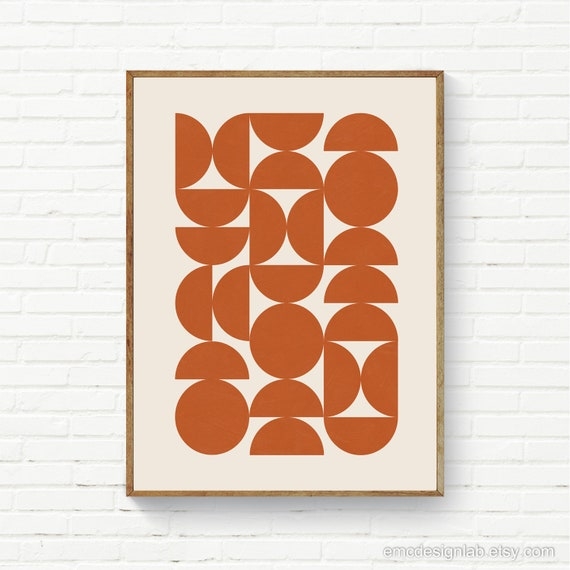 Framed Wall Art with Burnt Orange Geometric Semi Circle Composition