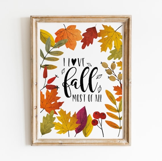Framed Watercolor Wall Art featuring Hand-Lettered Fall Text and Foliage