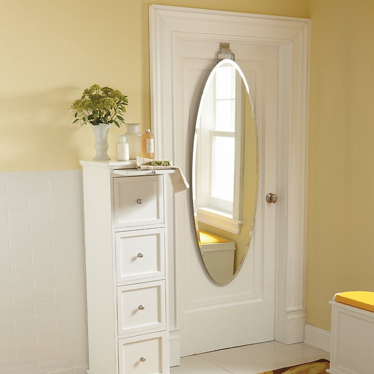 Frameless Oval Door Mirror Beveled Glass Metal Bracket