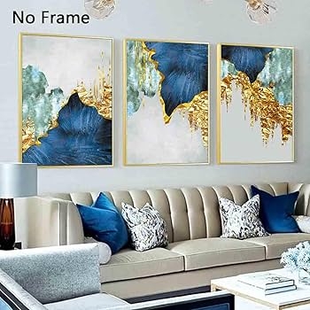 Frameless Wall Art Triptych with Metallic Gold Foil Accents in Blue