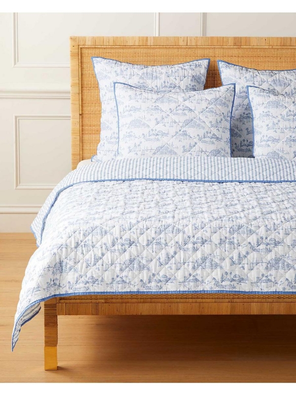 French Blue Quilt with Wavy Quilting and Embroidered Trim Decor