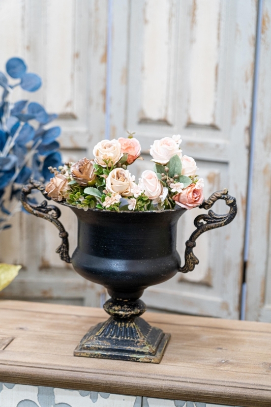 French Country Urn Vase Matte Black with Distressed Pedestal Base