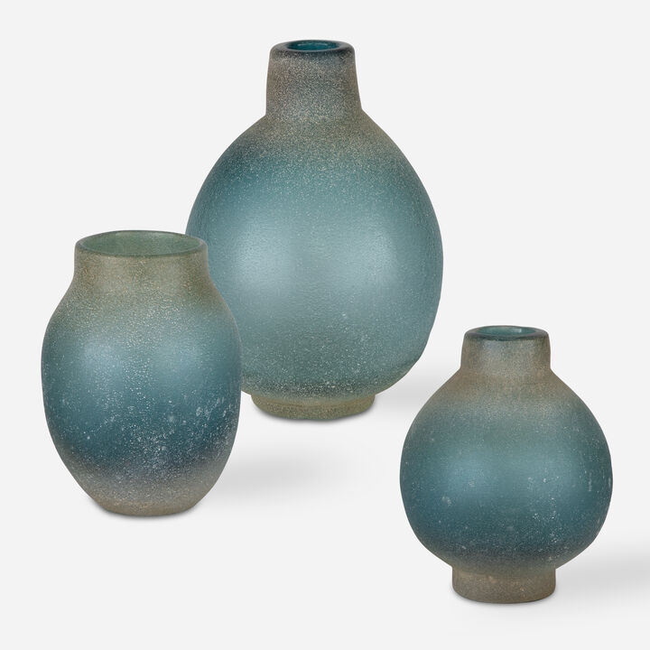 Frosted Glass Vase Set, Teal to Taupe Gradient Finish