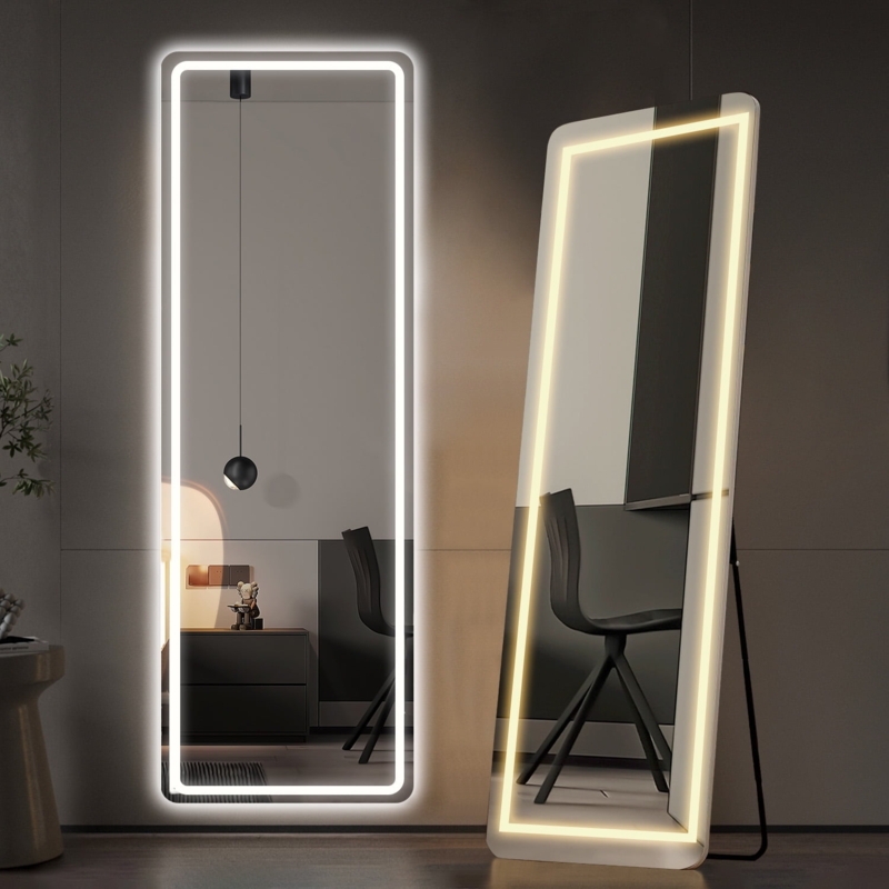 Full Length Mirror, 3 Color LED Lighting, Rounded Corners, Free Standing