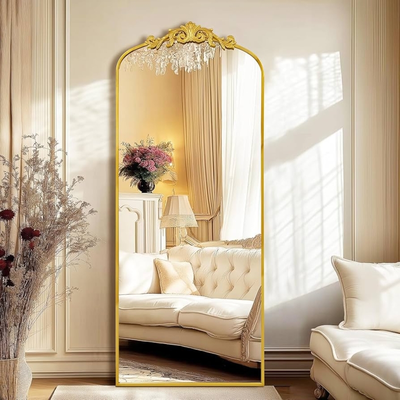Full Length Mirror, Antique Gold with Ornate Crest in Baroque Style