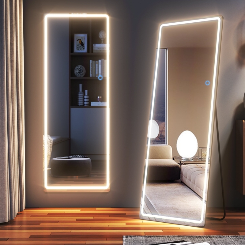 Full Length Mirror, Matte White Frame, LED Illuminated Border