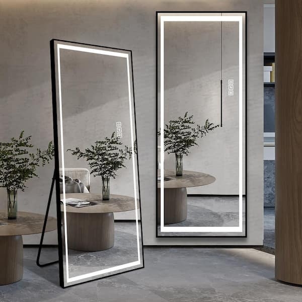 Full Length Mirror, Thin Black Frame, Integrated LED Border