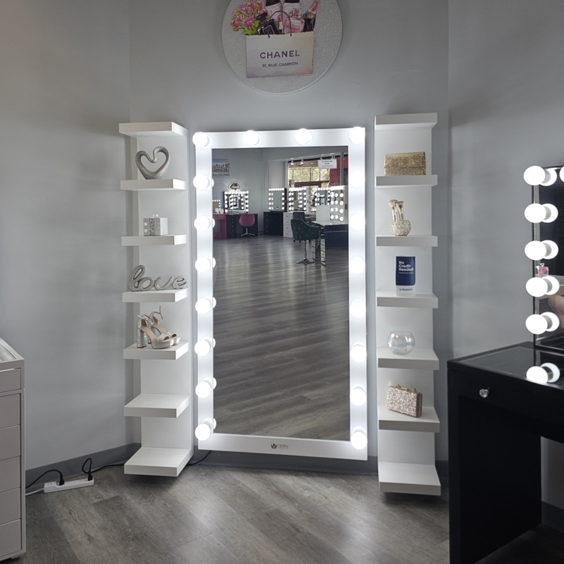 Full Length Mirror with Flanking Shelves for Hollywood Vanity Storage