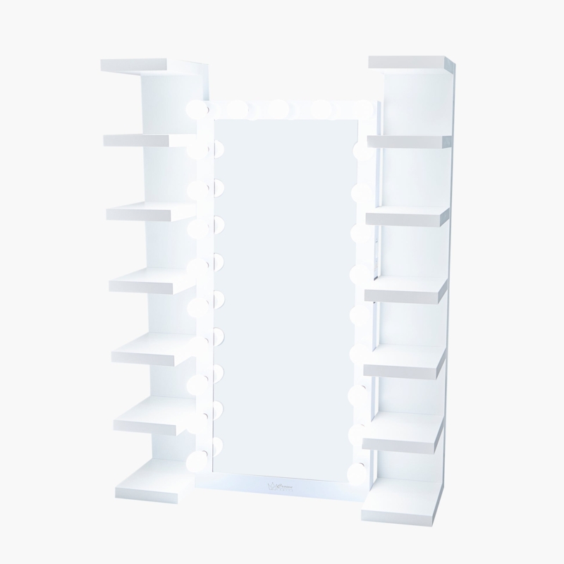 Full Length Mirror with Integrated Shelving as White Vanity Storage