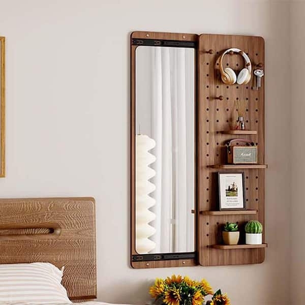 Full Length Mirror with Sliding Panel Mechanism and Pegboard Organizer