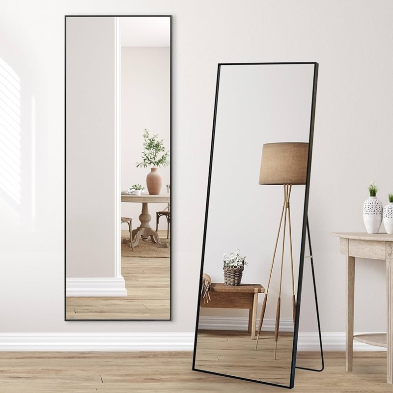 Full Length Mirror with Stand Thin Black Frame Minimalist Bedroom