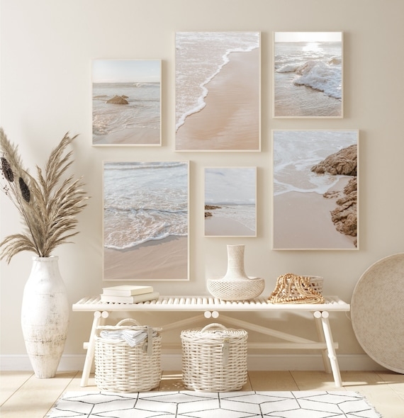 Gallery Wall Art Set Asymmetrical Beach Photography Slatted Seat Decor