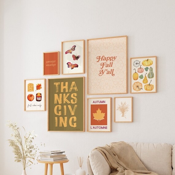 Gallery Wall Art Set with Rustic Thanksgiving Prints and Wood Frames