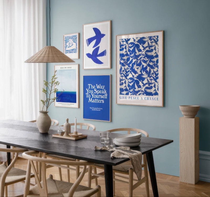 Gallery Wall Cobalt Prints Scandinavian Modern Dining Room