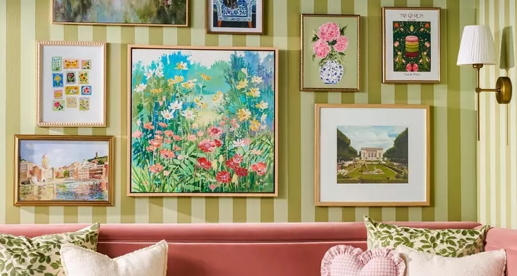 Gallery Wall Collection, Floral Art on Striped Wallpaper