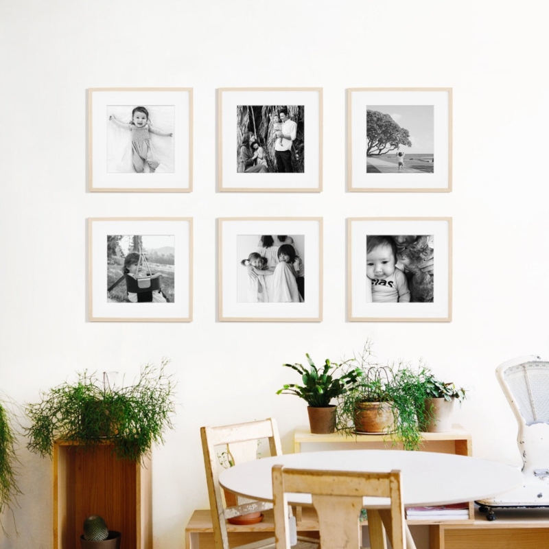 Gallery Wall Grid Six Square Light Wood Frames Black and White Photos