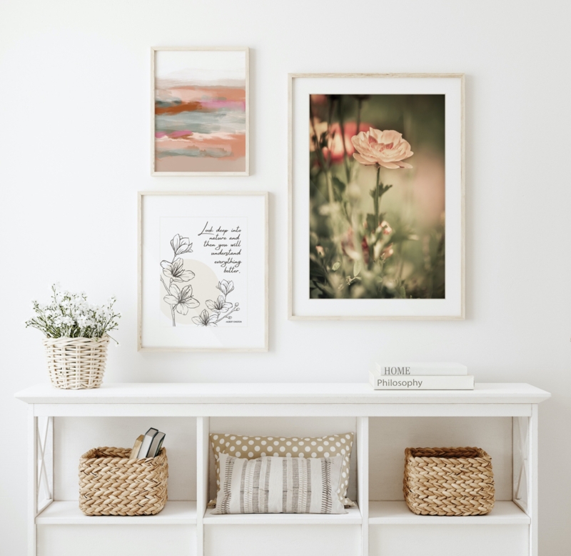 Gallery Wall, Nature-Inspired Art on White Console Table