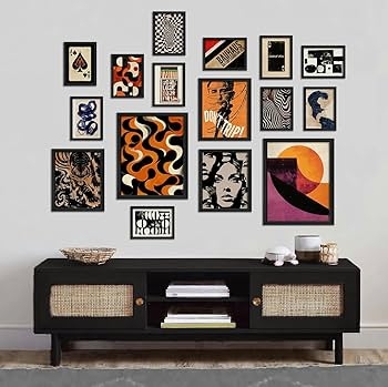 Gallery Wall Set: 16 Curated Vibrant 70s Retro Graphics, Framed Prints