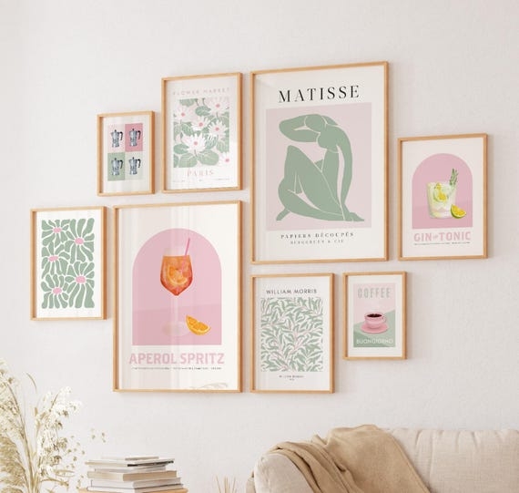 Gallery Wall Set: Eclectic Subjects, Light Wood Frames, Blush and Sage.