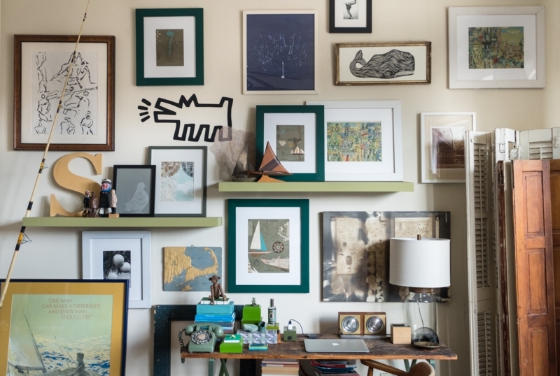 Gallery Wall with Floating Shelves for Art Display