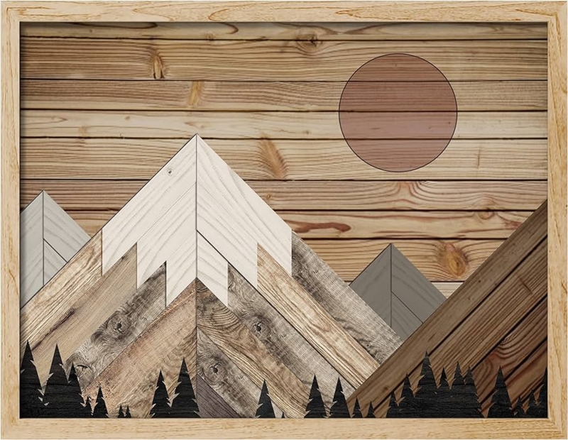 Geometric Mountain Wood Wall Art Mosaic Landscape Print Decor