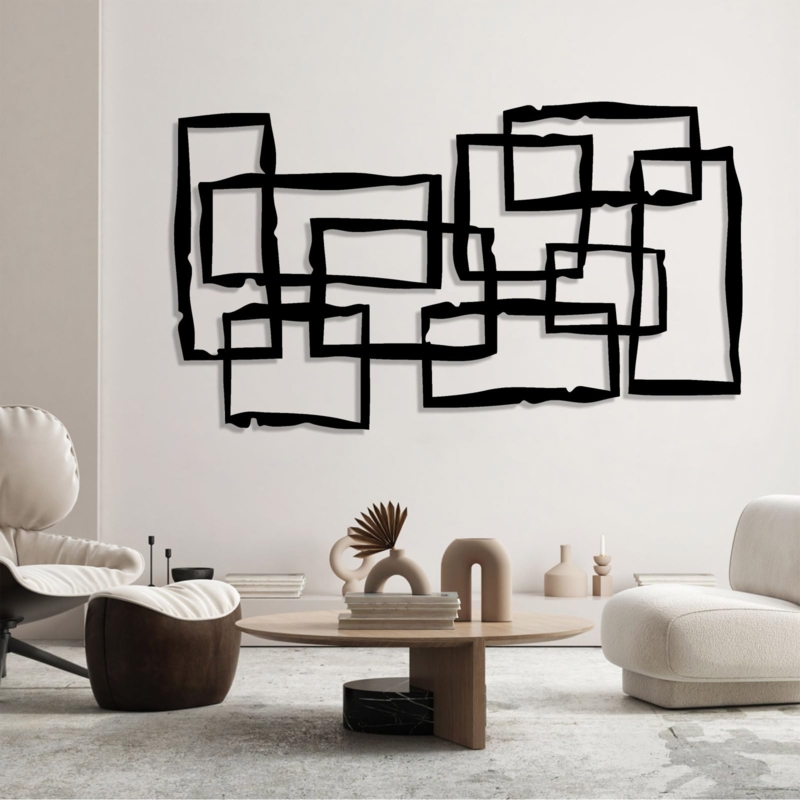 Geometric Wall Art Large Scale Matte Black Metal Overlapping Rectangles