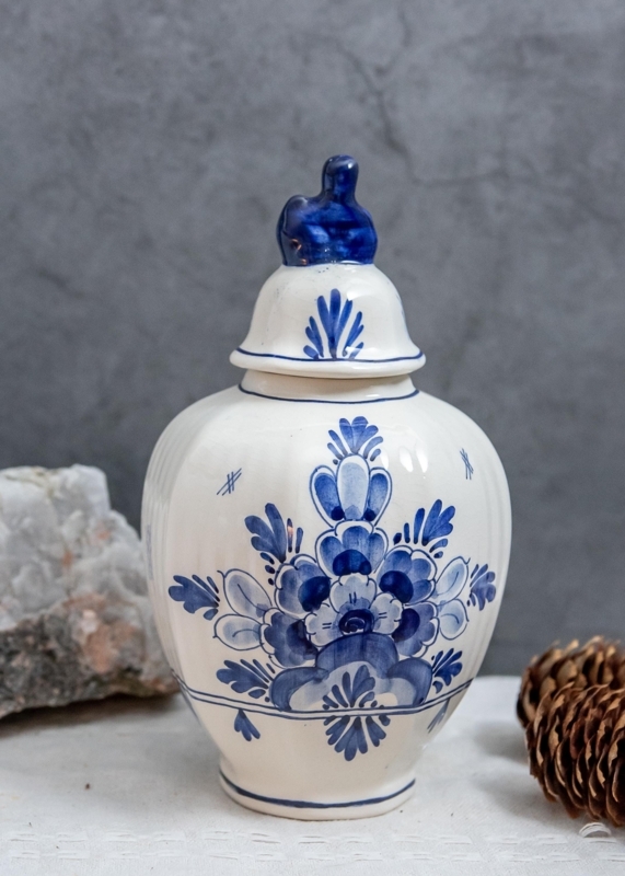 Ginger Jar Animal Finial Hand Painted Florals Delft Style Ceramic Glossy