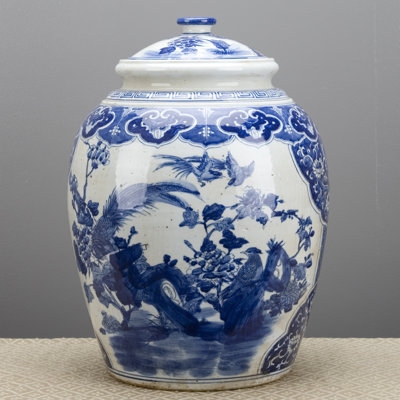 Ginger Jar Bird Motif Hand Painted Look Traditional Chinoiserie style
