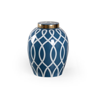 Ginger Jar Blue Geometric White Lattice Gold Lid Coastal