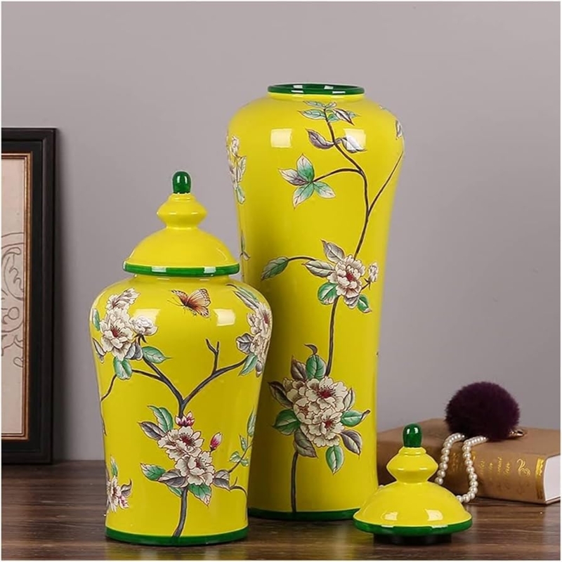 Ginger Jar Chinoiserie Decor, Green Rim Accents, White Floral Branches