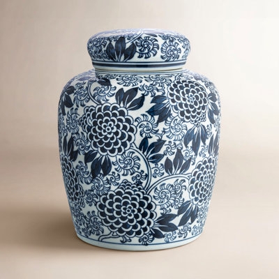 Ginger Jar Chrysanthemum Pattern Cobalt Blue Ceramic Traditional Lidded