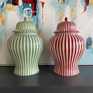 Ginger Jar: Embossed Stripes, Hand Painted Finish, Grandmillennial Style