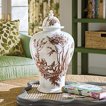 Ginger Jar featuring Brown Toile Pattern, Lidded Ceramic Vessel