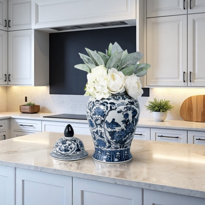 Ginger Jar: Glossy Chinoiserie Pattern with Removable Lid and Curved Body