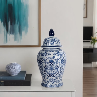 Ginger Jar Glossy Stoneware Blue White Floral Traditional Chinoiserie