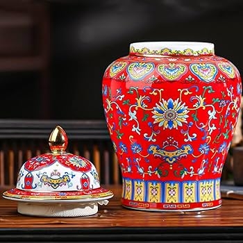 Ginger Jar Gold Accented Floral Red Enamel Traditional Chinese Temple Jar