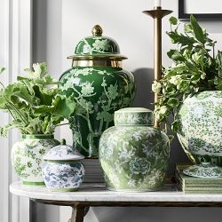 Ginger Jar: Green Chinoiserie Vases with Botanical Motifs & Gold