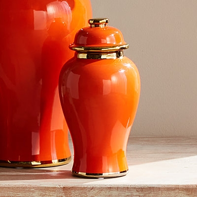 Ginger Jar High Gloss Finish Vibrant Orange with Gold Trim Accent