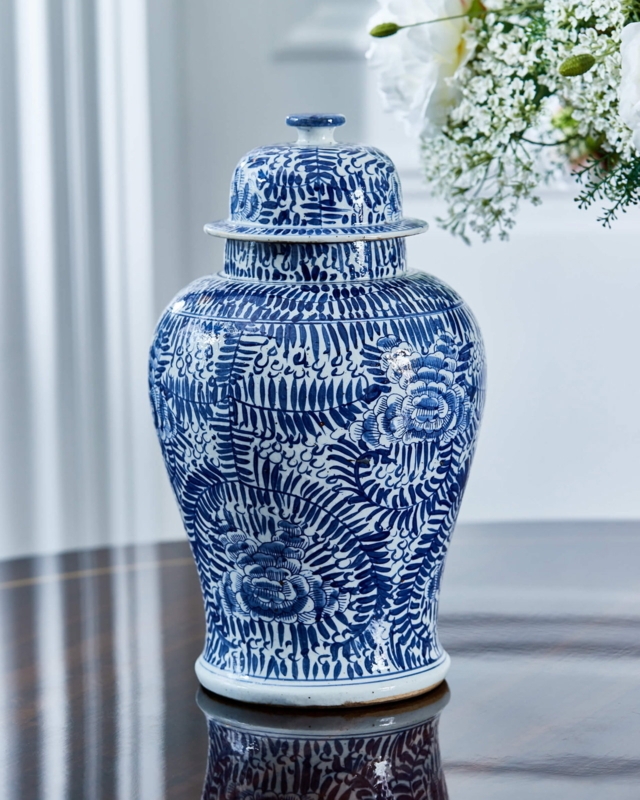 Ginger Jar Lidded Urn with Blue and White Palm Motif