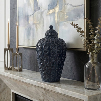 Ginger Jar Navy Blue Ceramic Embossed Ring Texture Finial Lid Mantel Decor