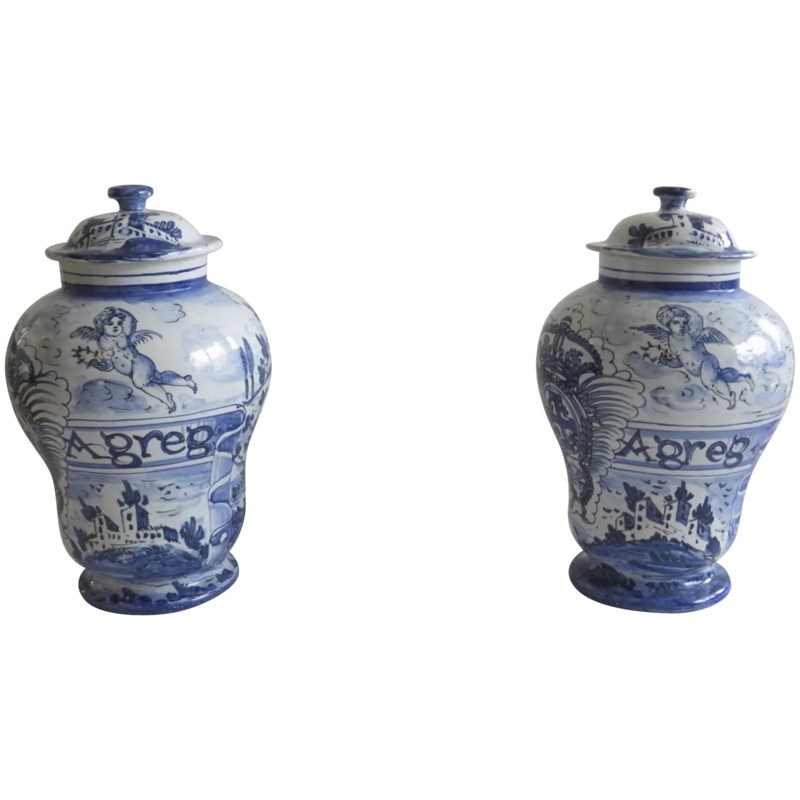 Ginger Jar Pair Italian Faience Cherub Illustration Pedestal Base Ceramic