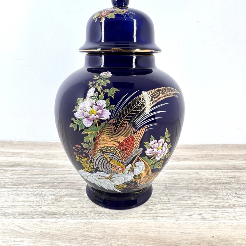 Ginger Jar Pheasant Motif Gold Trim Chinoiserie Cobalt Blue Ginger Jar